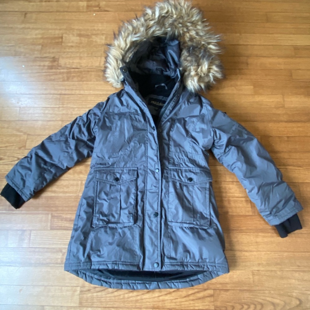 Madden NYC Kids' 10/12 Y2K Charcoal Gray Puffer Jacket removeable Faux Fur Hood